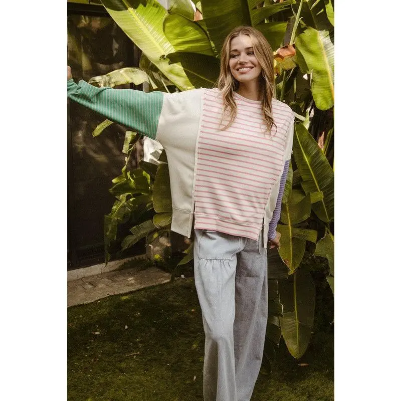 BiBi Exposed Seam Slit Striped Round Neck T-Shirt