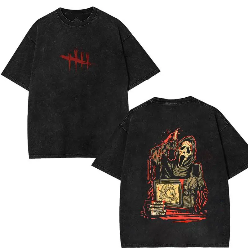 Washed Double Sided Horror Ghost Face Graphic T Shirt Unisex Oversized Crewneck Short Sleeve Retro Slasher Movie Streetwear Casual Halloween Top Ideal Holiday Birthday Gift For Horror Film Fans