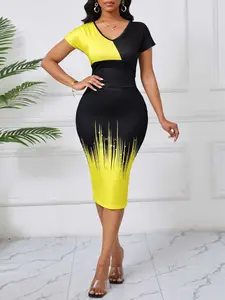 Elegant V-Neck Wrap Dress Hrs085, Geometric Pattern Print Design, Perfect for Spring & Summer Occasions, Stylish Formal Party Wear