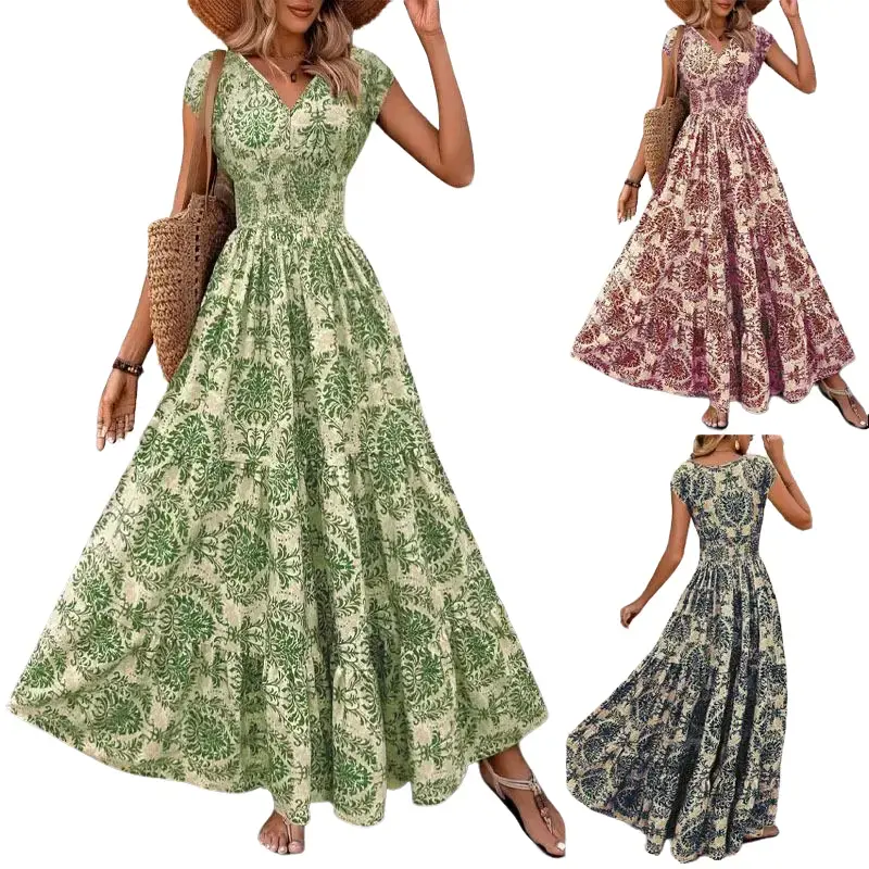 PHEFEE Women's Summer Floral Maxi Dress V-Neck Short Sleeve Boho Smocked Waist Tiered A-Line Flowy Long Dresses (Standard & Plus Size)