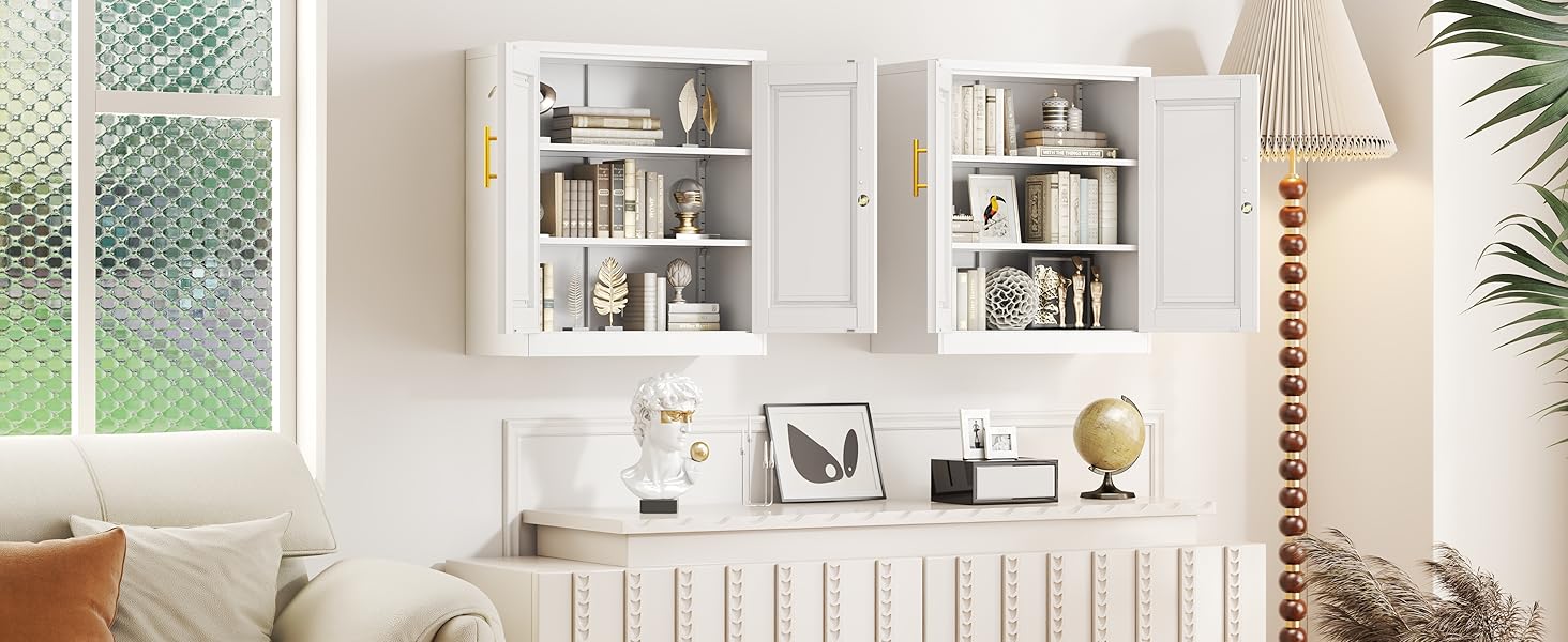 White Metal Wall Mounted Bathroom Cabinet – 2 Doors & Adjustable Shelves, Moisture-Resistant Storage for Over Toilet or Kitchen, Small Space LED Lighted Charging Dresser