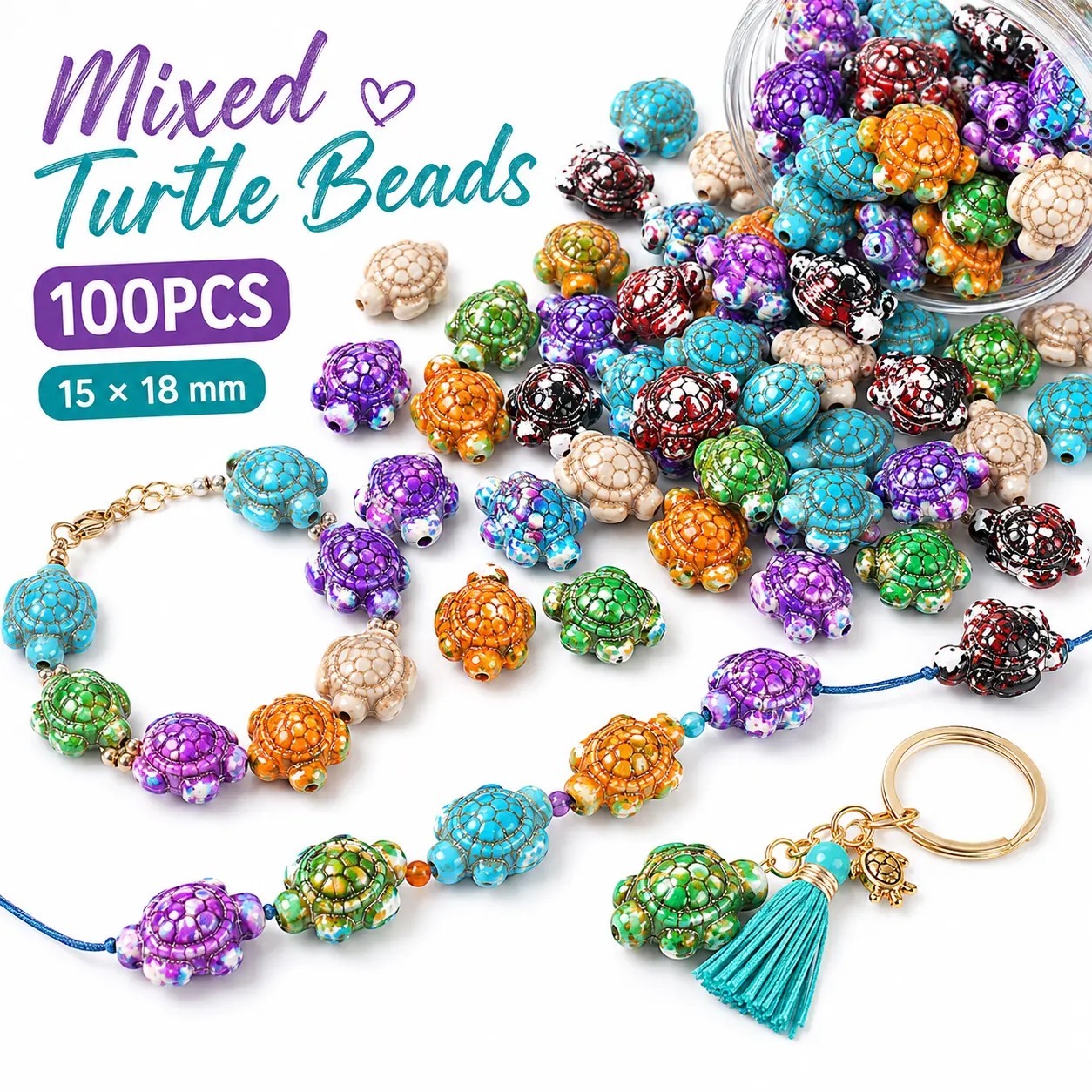 100 Piece Sea Turtle Bead Assortment, 15x18mm Multicolor Turquoise-Style Turtle Charms for Bracelet Necklace Keychain Making and Marine Life Craft Projects handmade supply