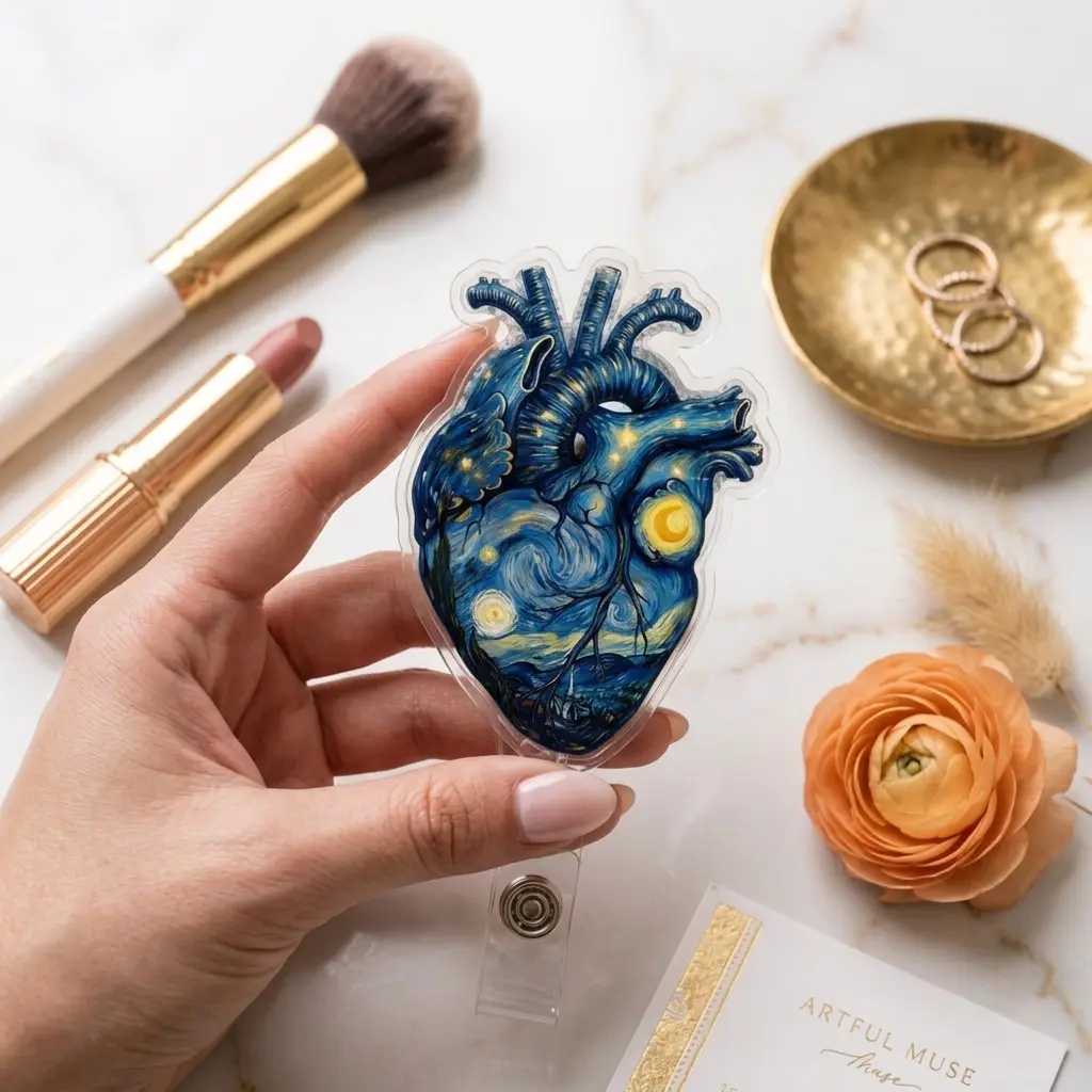Starry Night Anatomical Heart Badge Reel, Van Gogh Celestial Art Retractable ID Holder, Dark Academia Acrylic Nurse Name Tag Clip