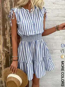 Women's Striped Ruffle Trim Dress, Casual Boho Style Dress for Summer, Women's Clothes for Daily Wear