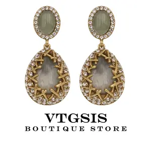 Stone - Encrusted Drop Earrings Vintage Green & Gray Stone Dangles Elegant Boho 22246