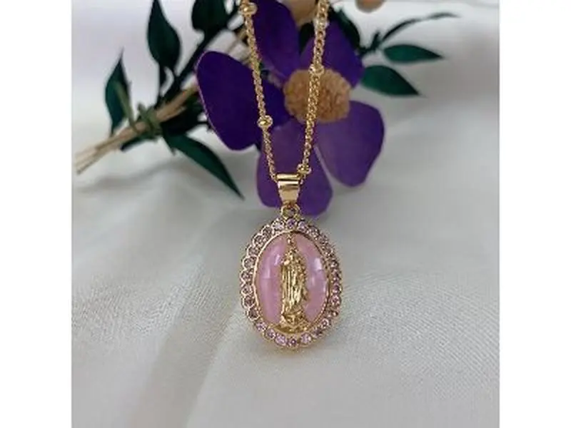 Medal Virgin Mary Necklace Cadena Virgen De Mary Salvation Pink Pearl Shell Necklace,Miraculous Medallion Cubic Zirconia Necklace