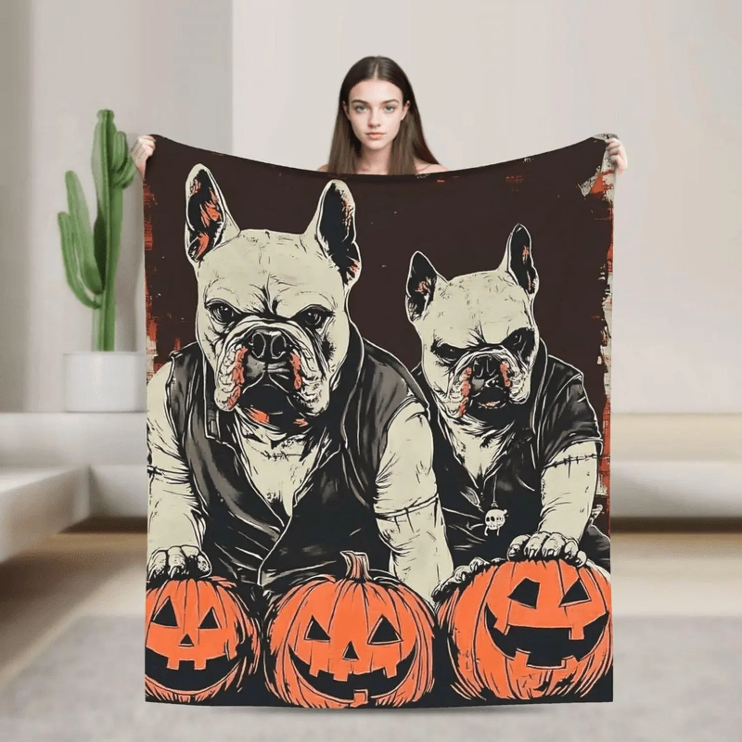 1pc French Bulldog Halloween Throw Blanket - Soft Flannel Pumpkin Design, Durable & Machine Washable, Perfect for Picnics, Beach, Travel, Camping & Outdoor Activities, 100% Polyester, Black with Orange Pumpkins & White French Bull