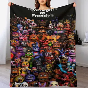 Retro Arcade Horror Five Nights Animatronic Characters Flannel Throw Blanket, Colorful Creepy Toy Group Print Fleece Blanket, Soft Cozy Warm Blanket for Fans & Home Decor