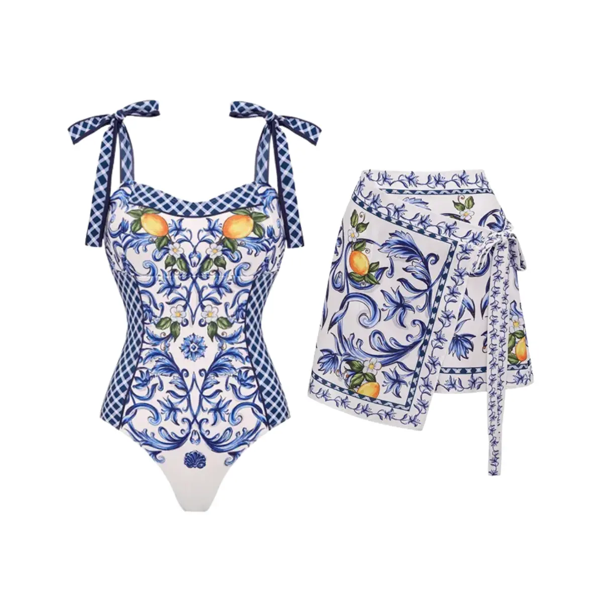 FLAXMAKER Women's Bowknot Shoulder Lemon Print One Piece Swimsuit and Matching Cover Mini Skirt Set Swimdress Stylish Beachwear Bathing Suit SpringStatements Swimoutfit #Summervibes outdoorfun #SwimWeek