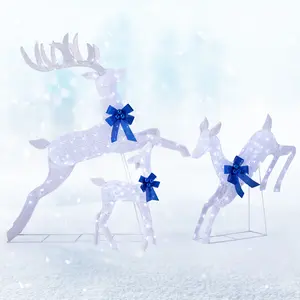 COSTWAY - 3 Pieces Lighted Christmas Reindeer Family Set with 255 Lights-White