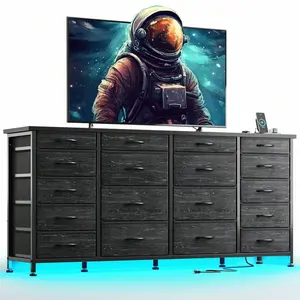 Black Wood Grain 63-Inch Wide 18-Drawer Dresser, LED Lights ( Remote App Control), 2 Power Outlets & 2 USB Ports, Sturdy Metal Frame, TV Stand For Up To 75-Inch TVs, Bedroom, Living Room