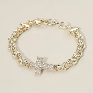 14K Gold Plated CZ Stone Paved Cross Accent Abstract Chain Bracelet