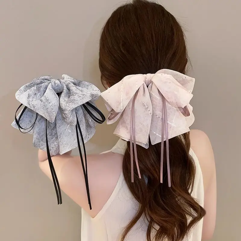 2PCS Chiffon Bow Ribbon Low Ponytail Hairpin Female 2025 New High-End Dopamine Updo Hair Claw Hair Clip Headdress Cloth Decorative Hair Accessory