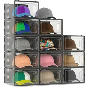 Stackable Clear Hat Organizer Box - 6/12Pack Modular Space Saving Hat Storage Container Crystal-Clear Plastic Display Case for Caps Snapbacks Beanies Sun Hats Dust-Proof Lightweight Room