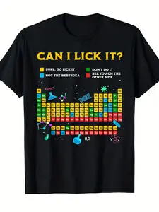 Fun Periodic Table T-shirt – “Can I Lick It?” Chemistry-themed design with element symbols – A science teacher gift, unisex casual crew neck short-sleeved T-shirt.