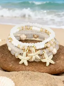 Summer Beach Starfish Charm Bracelet Stack - 4Pcs White & Gold Beaded Elastic Jewelry for Women