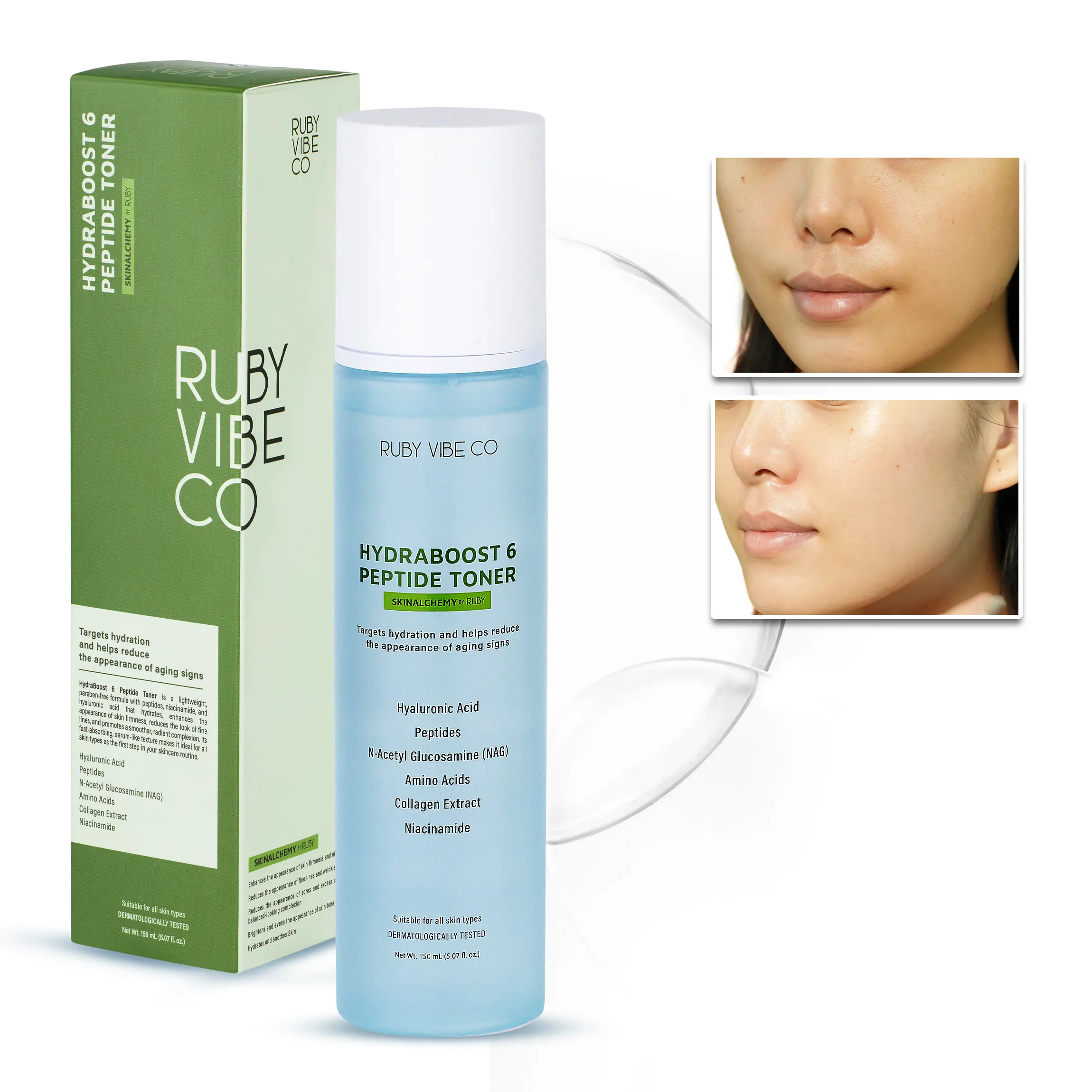 RUBY VIBE CO HydraBoost 6 Peptide Face Toner, Hydrating Toner for Face with Niacinamide, Peptides & Sodium Hyaluronate, Facial Toner for Daily Skincare, 150 mL