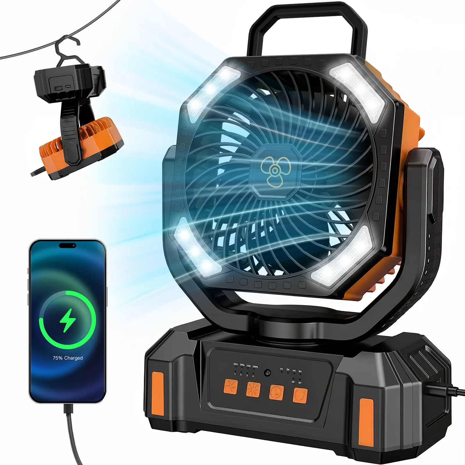 20000mAh Portable Camping Fan with LED Light, 4 Speed Rechargeable Tent Fan with Remote, 270° Rotation, 3 Brightness Light, Timer Function, USB Power Bank for Outdoor Camping, Travel, Home Office#SummerWins