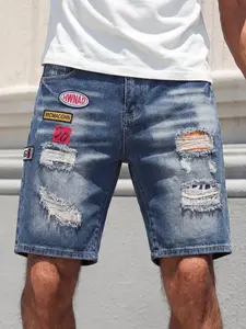 Men's Streetwear Ripped Embroidered Denim Jean Shorts, Comfortable Daily Wear, Fashion Trendy Design, Perfect for Everyday Life