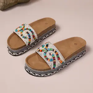 Womens Platform Sandals Cork Wedge Summer Slides with Pearl Embellishment Soft Sole Comfort Beach Slippers Outdoor Ethnic Style Shoes
