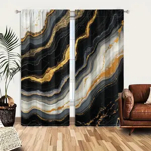 2pcs Window Curtains, Dynamic abstract pattern of black, white, and gray waves, intricately veined with shimmering gold. Evokes luxurious natural stone.Window Drapes for Bedroom Living Room, Rod Pocket Window Treatment