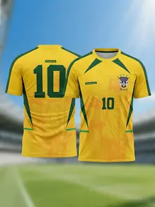 Men's Brazil 10 Christ the Redeemer Print Soccer Jersey, Breathable Mesh Short Sleeve Football Shirt, Brazilian National Team Style Sportswear for Casual & Match Wear