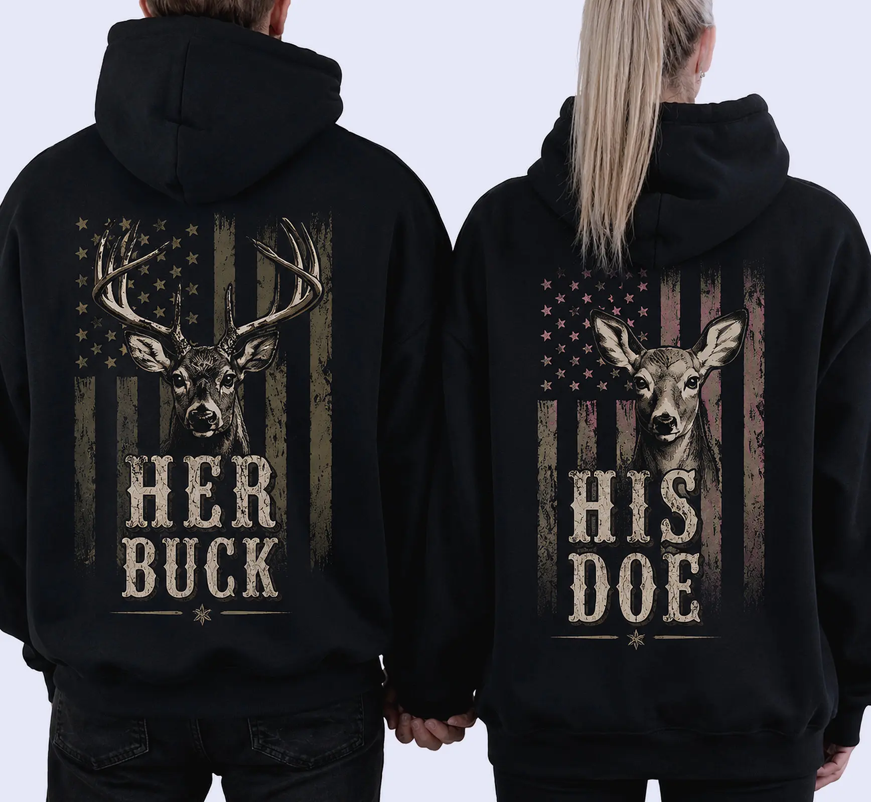 Her Buck His Doe Deer Hunting Couple Matching Hoodies Casual Fleece Fabric Pullover Hooded Sweatshirt Tops Trendy for Women for Men, Perfect Gift
