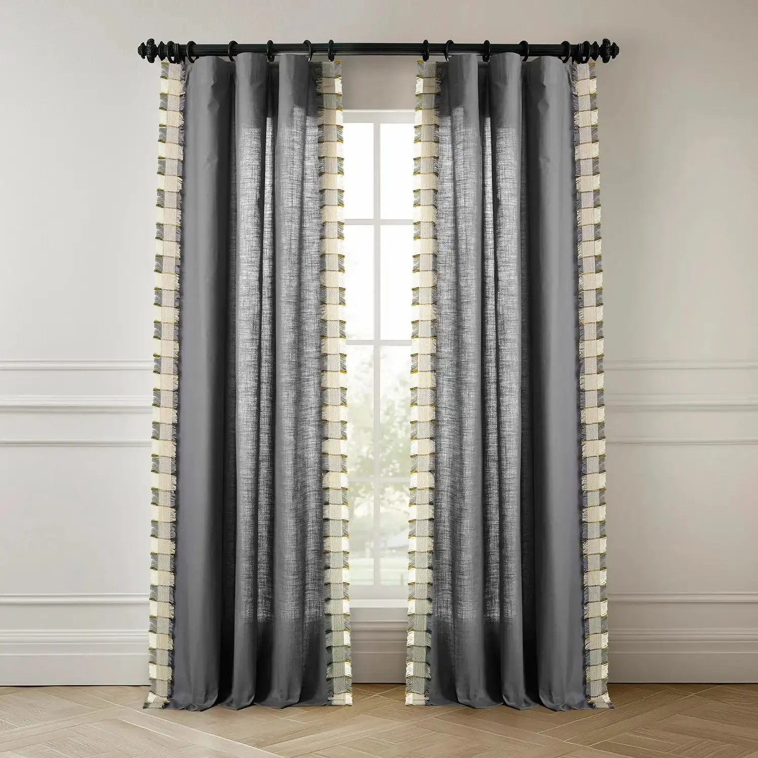 Dixy Grey Bordered Modern Hampton Textured Cotton Semi-Sheer Curtain