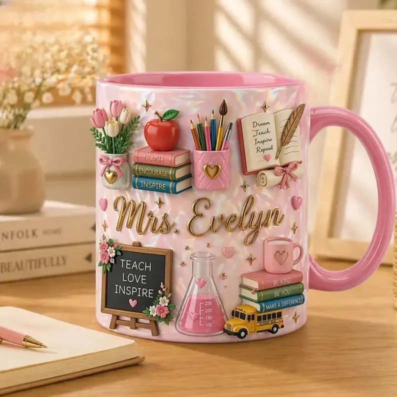 Custom Name Teacher Faux 3D Effect Mug, Back to School Mug, Personalized Teacher With Name Coffee Cup, Teacher Appreciation Gift, Pink Classroom Mug 2D Print Ceramic Cup