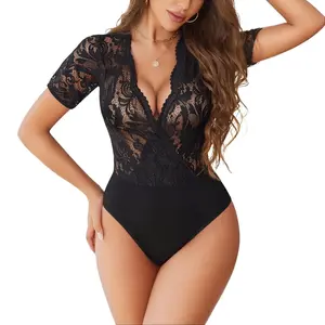 Avidlove Women Lace Bodysuit Lingerie Tops Deep V Bodysuit Tops One Piece Body Suit Short Sleeve S-XXXL