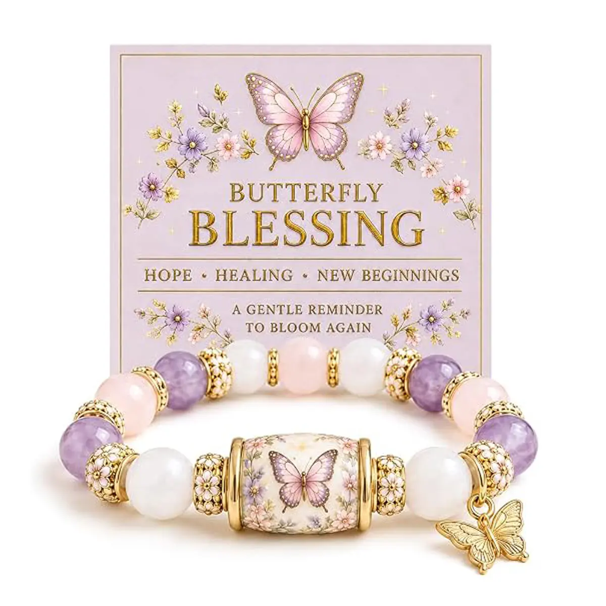 Inspirational Blessing Bracelet For Women, Natural Stone Crystal Bead With Hummingbird Butterfly Bee Sunflower Charms Stretch Bracelets , Love Peace New Beginnings Spring Garden Birthday Anniversary Christmas Gift jewelry