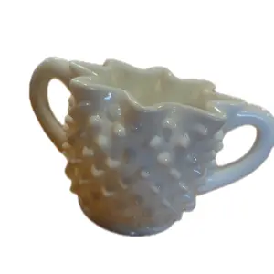 Fenton Hobnail White Milk Glass Handled Sugar Bowl Vintage Ruffled Edges Tea Coffee