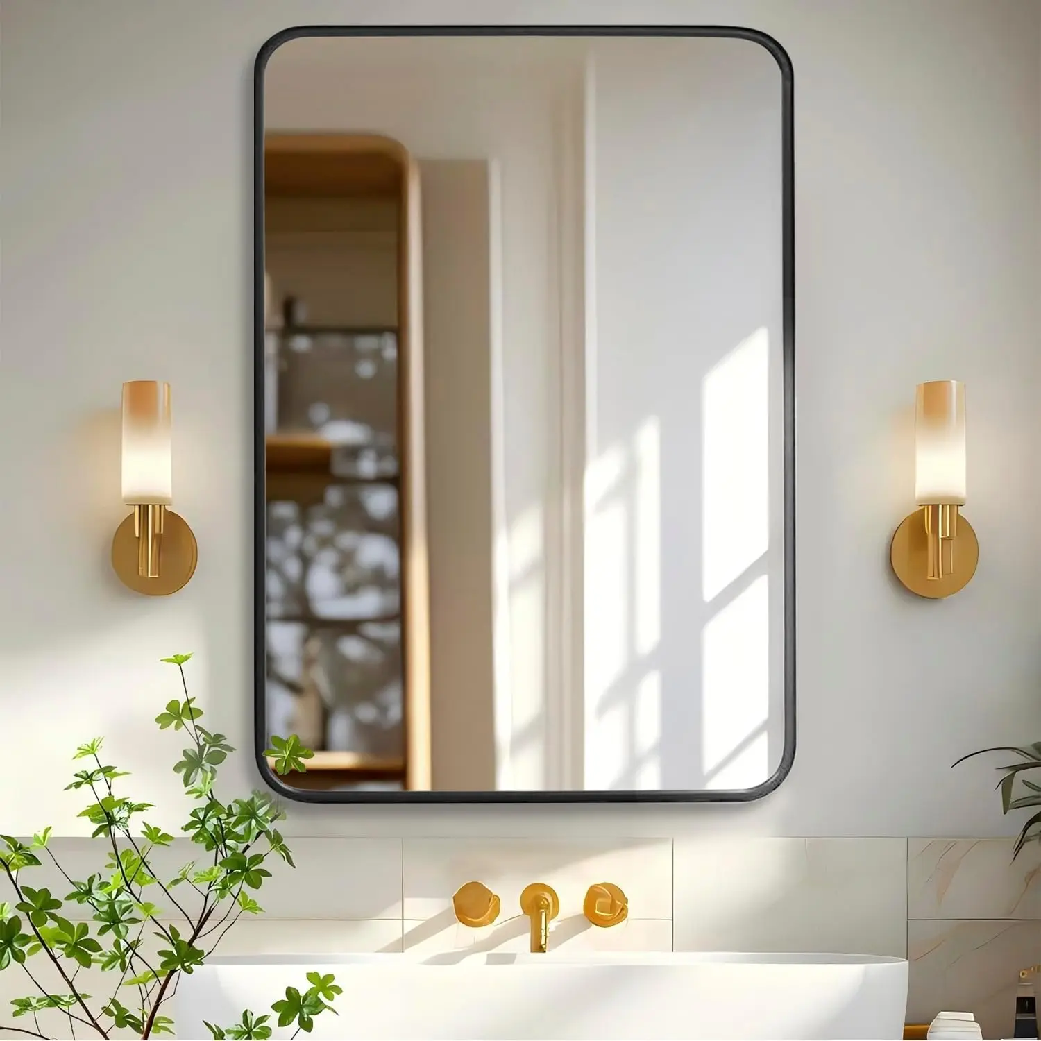 Modern Black Accents Wall-Mounted Bathroom Mirror - Arc Edge, Anti-Rust, Tempered Glass, Antifogging, Horizontal-Vertical Hanging, Modern Mirror, Mirror For Bathroom