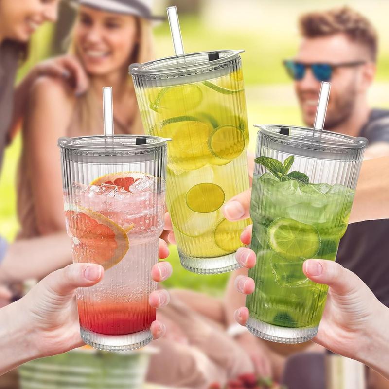 20oz Ribbed Glass Cup Set 6/8Pack - Thickened Tumblers with Lids & Straws for Cocktails, Coffee & Smoothies