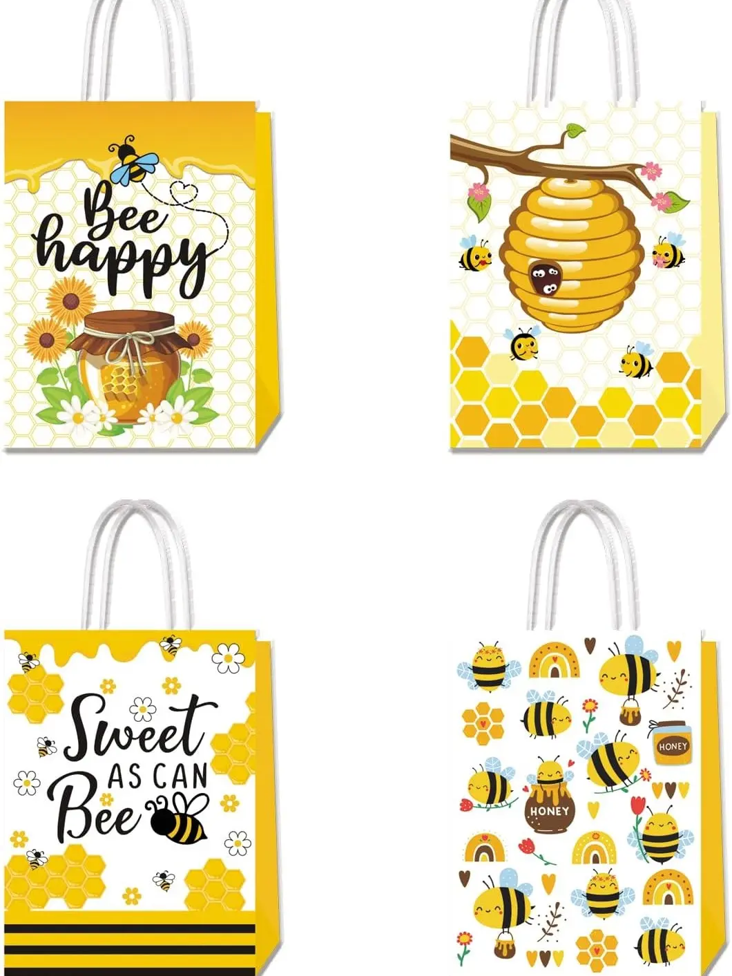 24-Pack Honey Bee Theme Paper Retail Bags with Handles - Adorable Party Favors, Snack Bags for Birthday Celebrations, Thank You Gifts