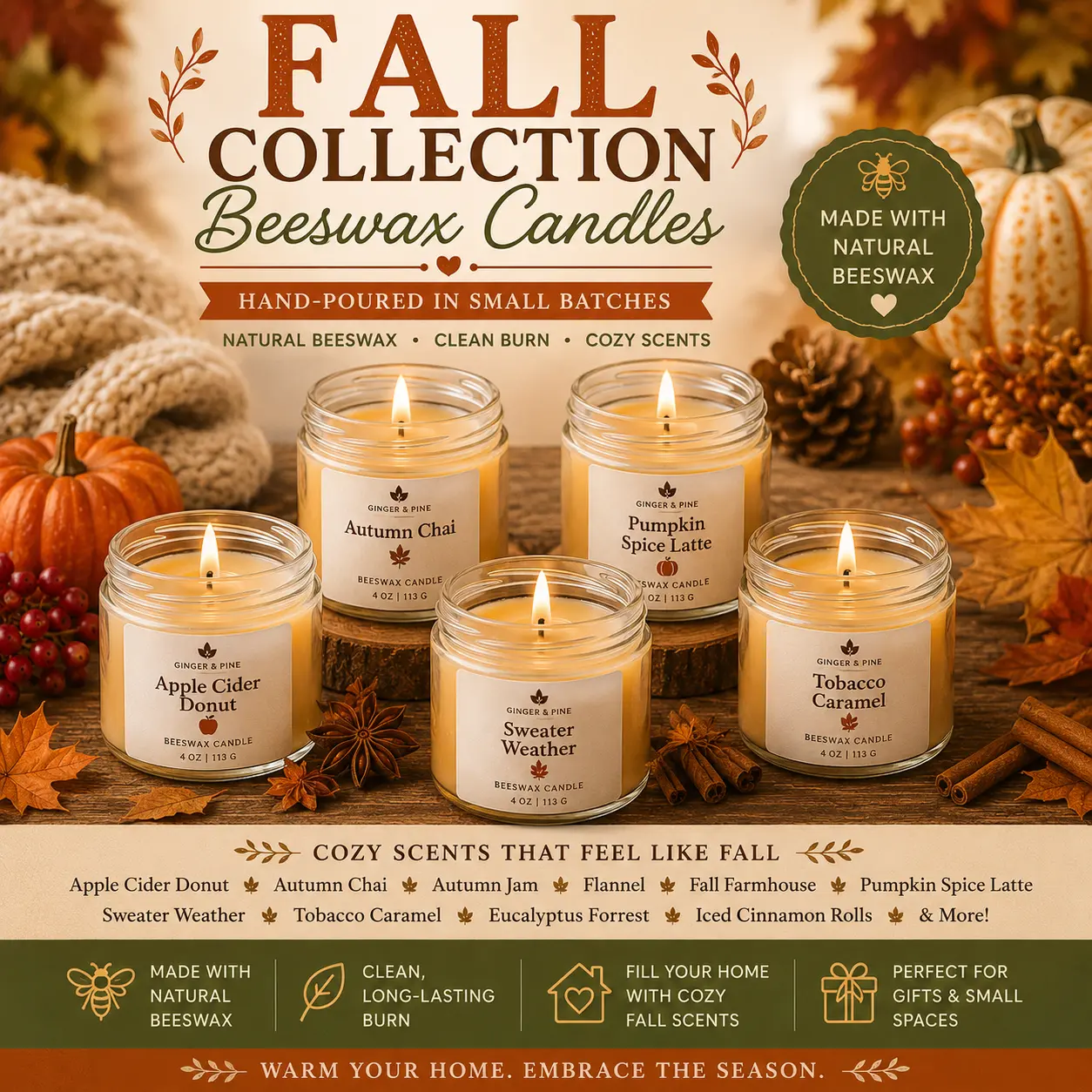 Fall Collection 4 oz Beeswax Candles | Hand-Poured Autumn Candles