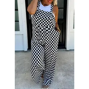 Black Checkered Print Pocketed Wide Leg Overall