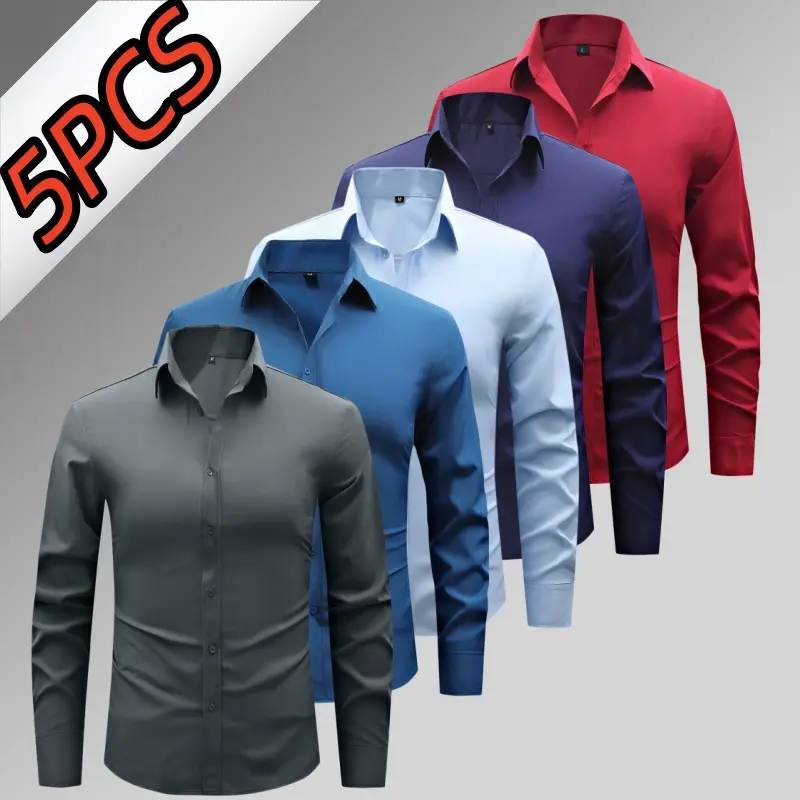5-Pack Men’s Business Formal Long Sleeve Shirts, Ice Silk High Stretch, Wrinkle-Free Fabric, Slim Fit that Doesn’t Feel Restrictive, Versatile for Office Commuting and Interviews
