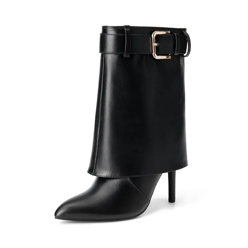 Dream Pairs Women's Mid-Calf Vegan Leather Boots - Pointed Toe Stiletto Footwear with Stylish Fold-Over Cuff, Buckle, Pointed Toe Lift, Slip-On Design, Jersey Liner, Statement Shoes