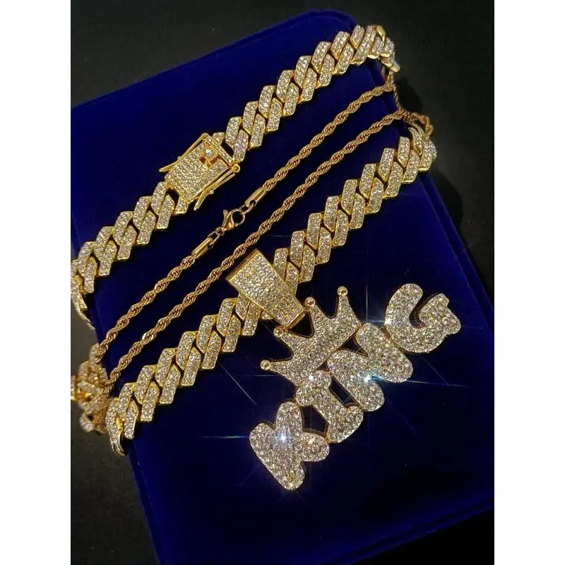 Hip Hop Crown & King Pendant Chunky Chain Necklace, Rhinestone Decor Cuban Link Layered Necklace for Men, Fashion Accessories for Party, Daily Decor Hip Hop Crown & King Pendant Chunky Chain Necklace, Rhinestone Decor Cuban Link Layered Necklace for Men, Fashion Accessories for Party, Daily Decor