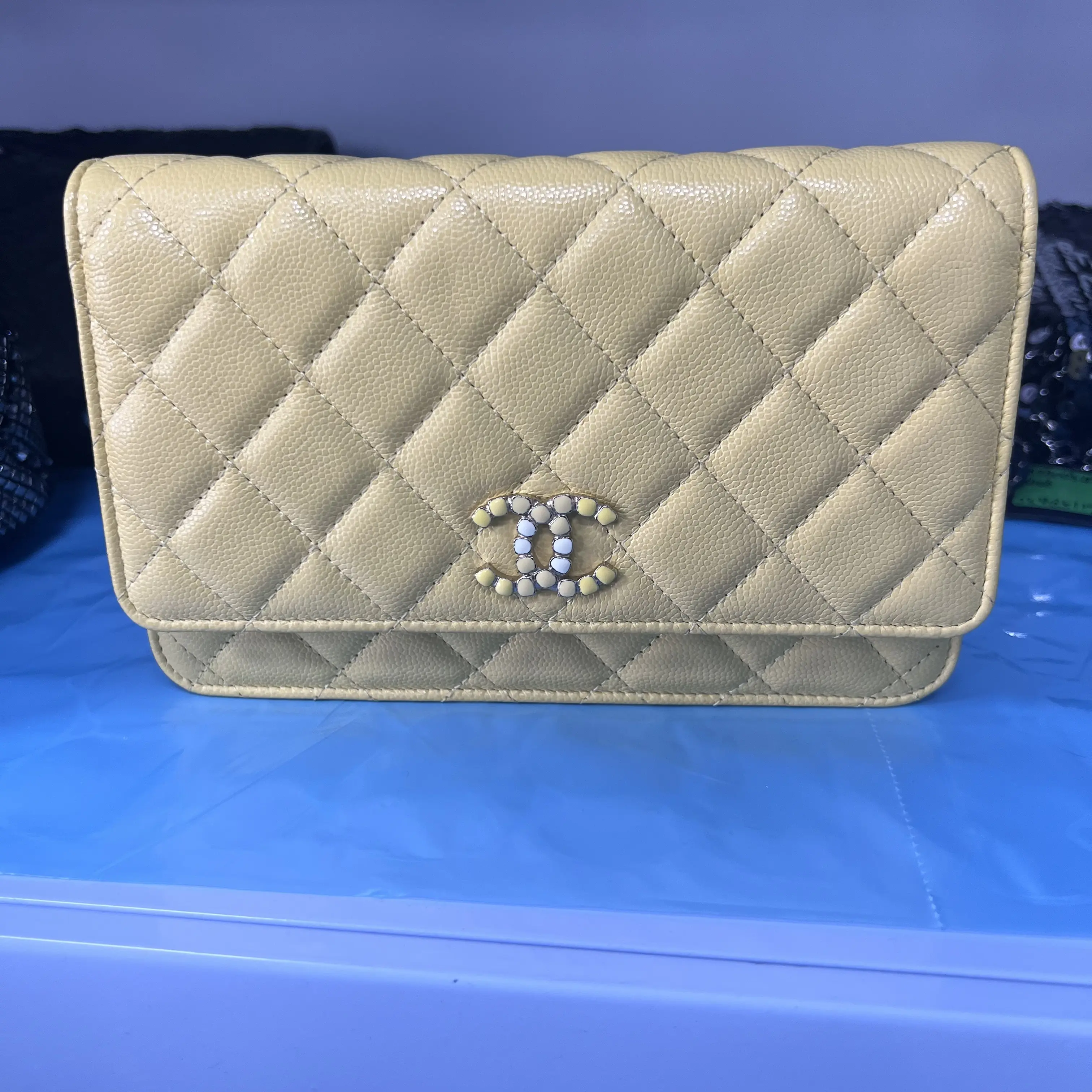 Pre-owned CHANEL france Crossbody Bags HH cream yellow WOC chain bag/ fortune bag