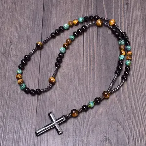 Gemstone Hematite Cross Pendant Necklace, Natural Tiger Eye African Turquoise Obsidian Beaded Healing Protection Strength Inner Peace Balance Necklace