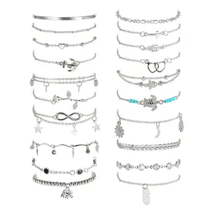 FASACCO 20pcs Ankle Bracelets for Women Adjustable Beach Anklet Set Surfer Anklet Heart Star Turtle Infinite Anklets Foot Summer Jewelry