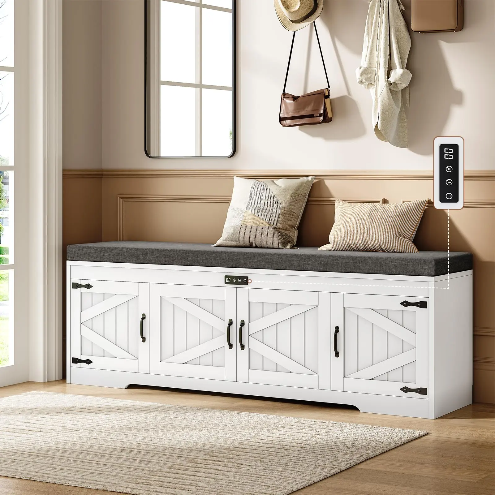 60" Farmhouse Shoe Storage Bench with Deodorizing, Entryway Storage Bench with Cushion Seat, 4 Doors Freestanding Hidden Shoe Rack, Adjustable Shelf, for Bedroom, Living Room (White, 60IN)