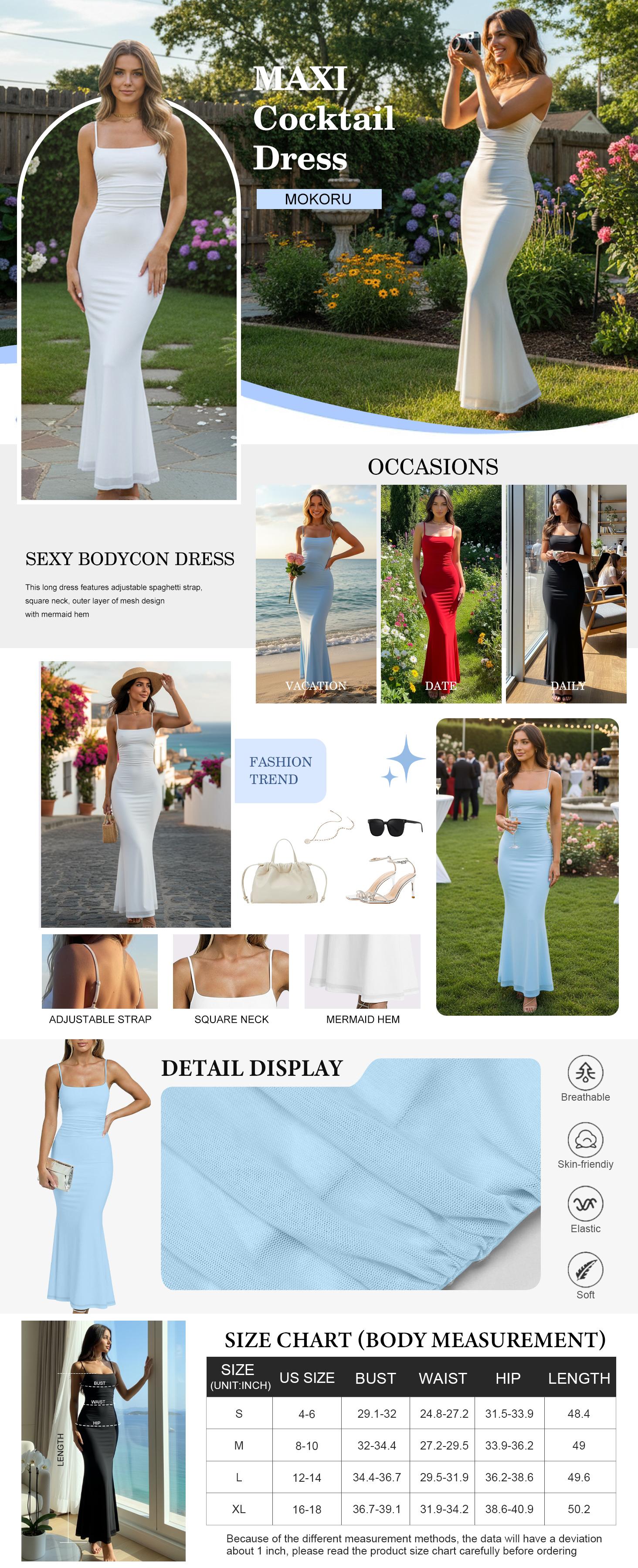 Mokoru Elegant Square Neck Adjustable Spaghetti Straps Mermaid Mesh Maxi Dress Double Layer Stretchy Bodycon, Perfect for Spring Wedding Guest, Date Night, Prom & Cocktail Parties (2026 Trend)