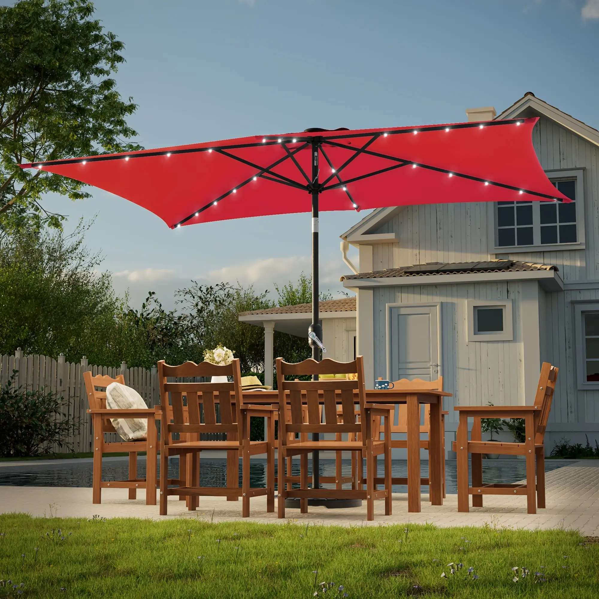 10X6.5Ft LED Rectangular Patio Umbrella with UPF50+, Tilt Function, And Wind-Resistant Design Experience Outdoor Comfort