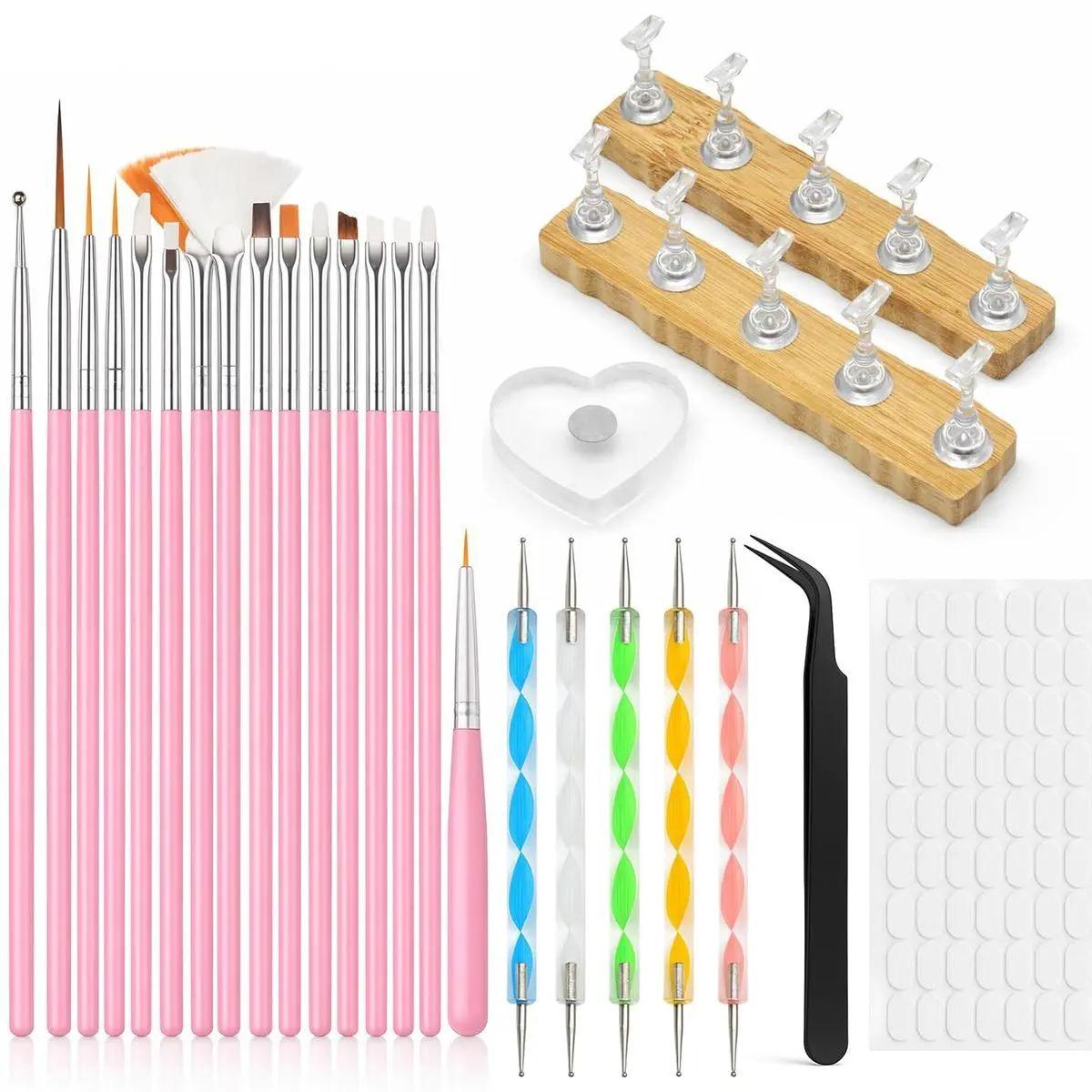 Nail Art Tools Kit – 15 Nail Art Brushes, 5 Double End Dotting Pens, Nail Stand Holders, Tweezers & 100 Adhesive Putty Tabs – Nail Design Tools Set for Acrylic, Gel, DIY & Salon Use