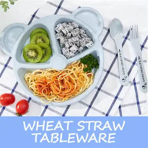 2pcs-Complete Bear-Themed Mealtime Set - Nurture Healthy Habits - Food-Grade Wheat Straw, Soft-Touch Utensils & Plate, Stylish & Safe for Adults & Kids