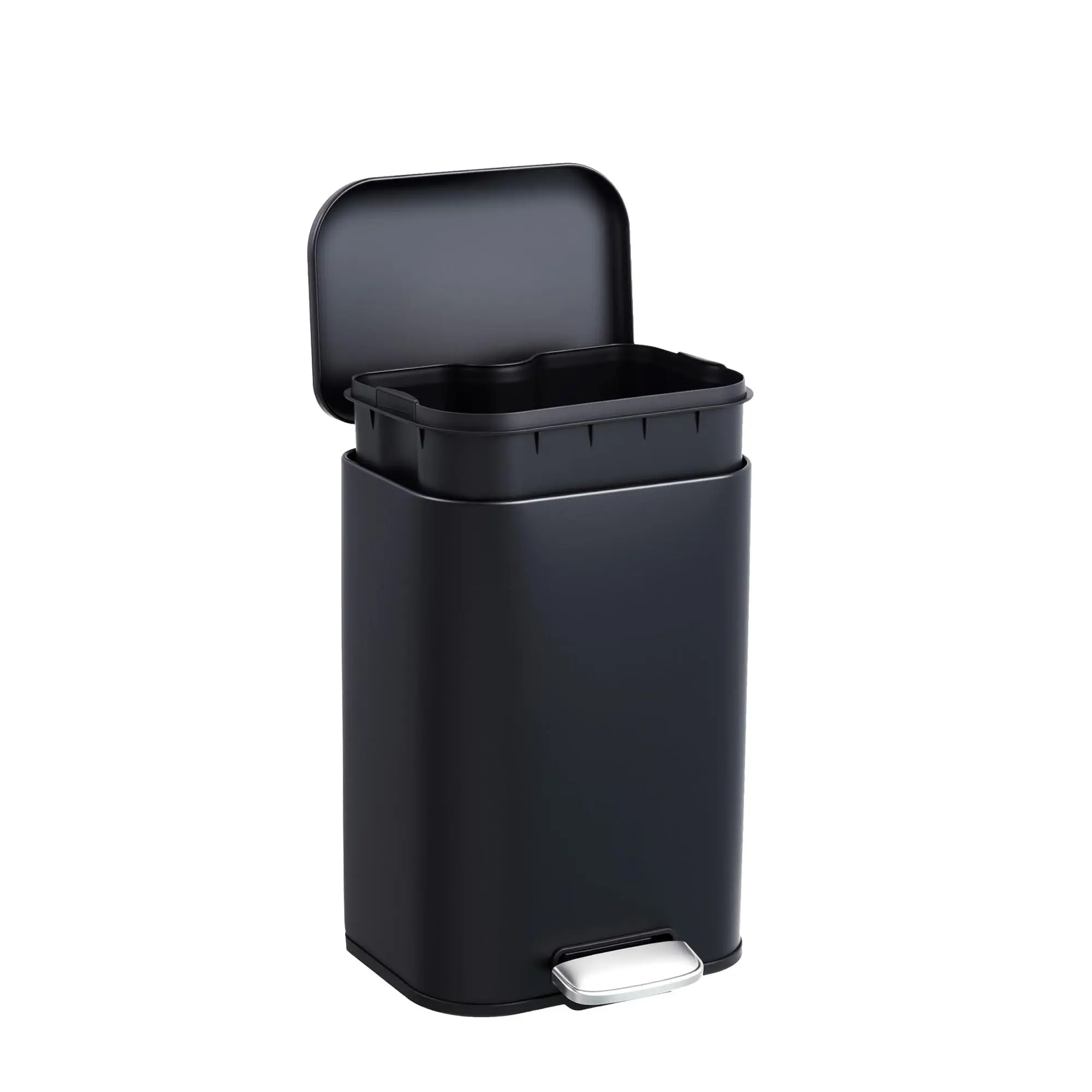 Gaomon 3.2gal Stainless Steel Rectangular Step Bathroom Trash Can - Soft-Close Lid, Removable Inner Bucket, Stay-Open Feature, Odor Control Household Waste Container for Living Room, Office (Black)
