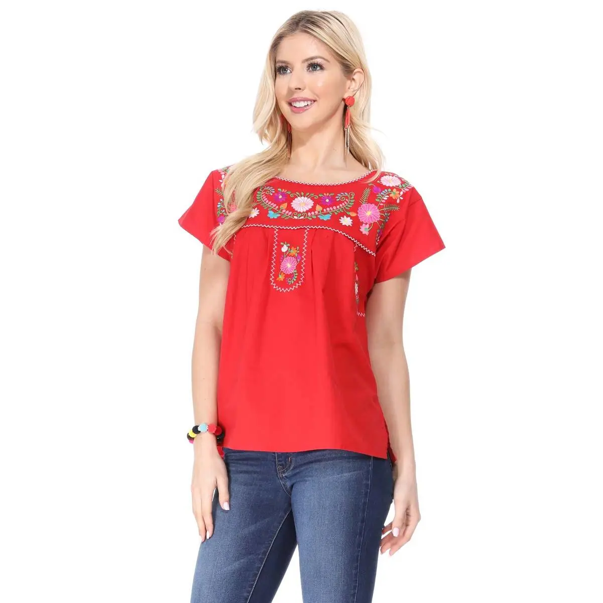 Women Traditional Puebla Mexican Embroidered Blouse Red MT801